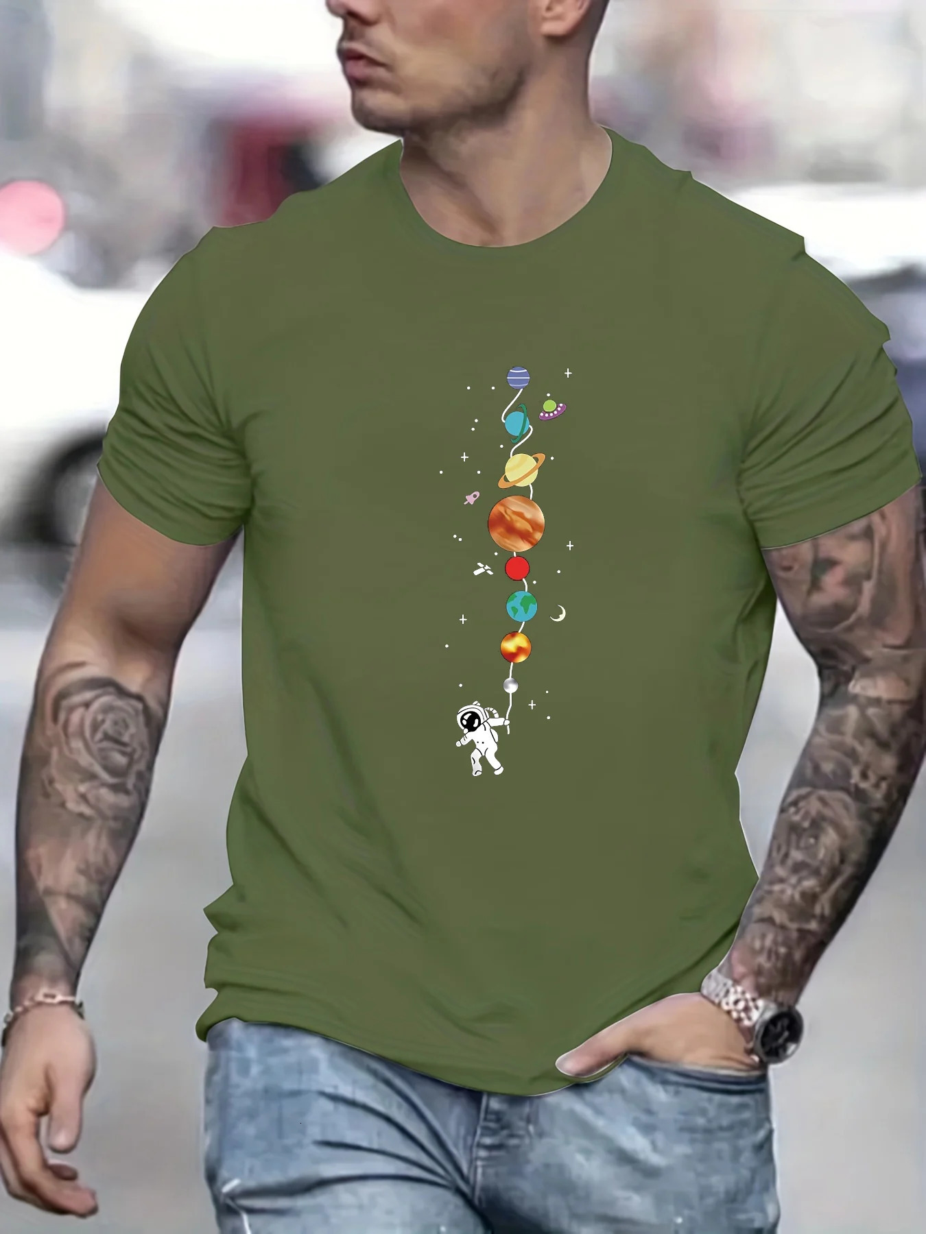 Mens 100% pure cotton summer loose size astronaut planet pattern print casual comfortable round neck short sleeved T-shirt top 250227