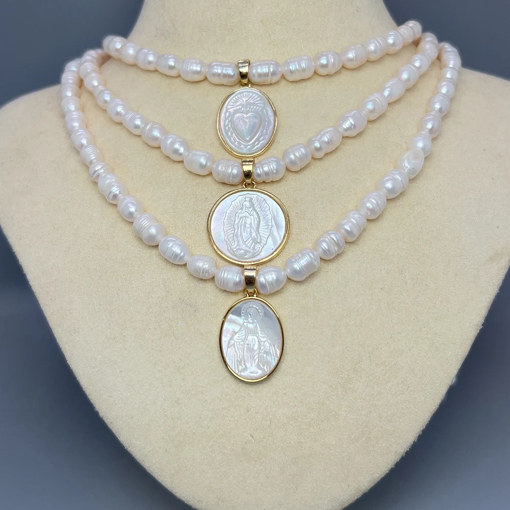 Natural Pearl Choker Female Shell Jesus Sacred Heart Virgin Mary Guadalupe Pendant Necklace For Women Religious Jewelry 250222
