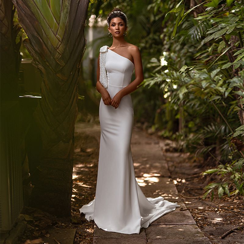 2025 Simple Wedding Dress Sleeveless Satin Mermaid Floor-length Bow One Shoulder Bridal Gowns Vestidos De Novias Robe de mariage