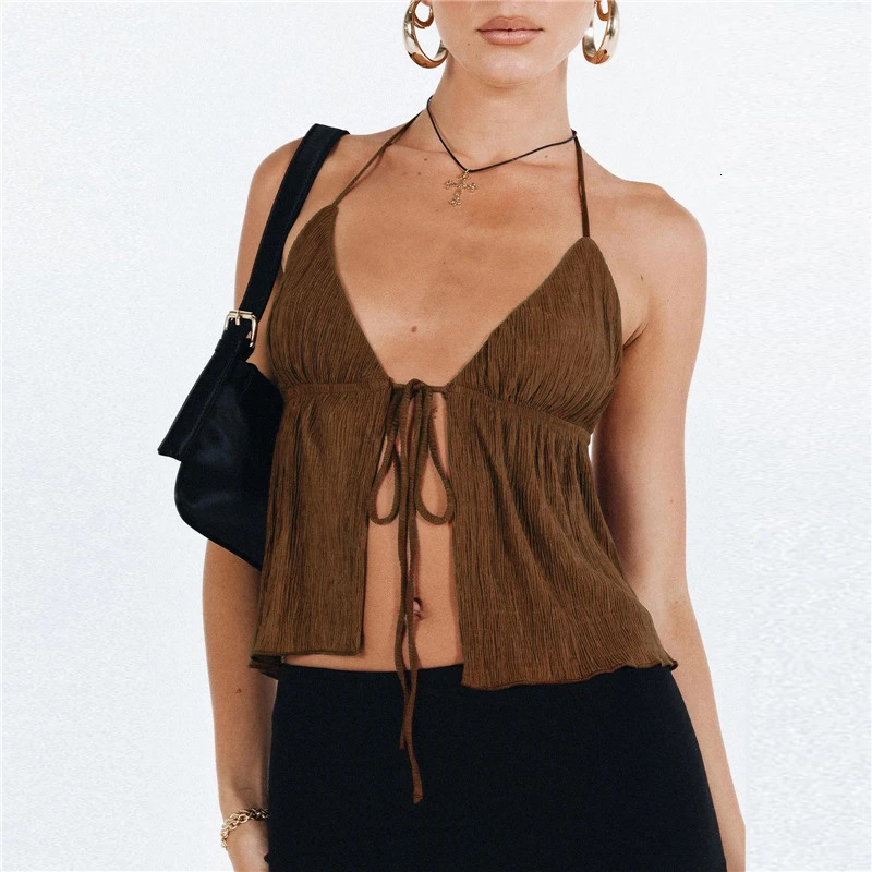 Sexy Summer Cami Top Bowknot LaceUp Sleeveless Cropped Vest Elegant Youth Clothes Women Fashion Off Shoulder 250227