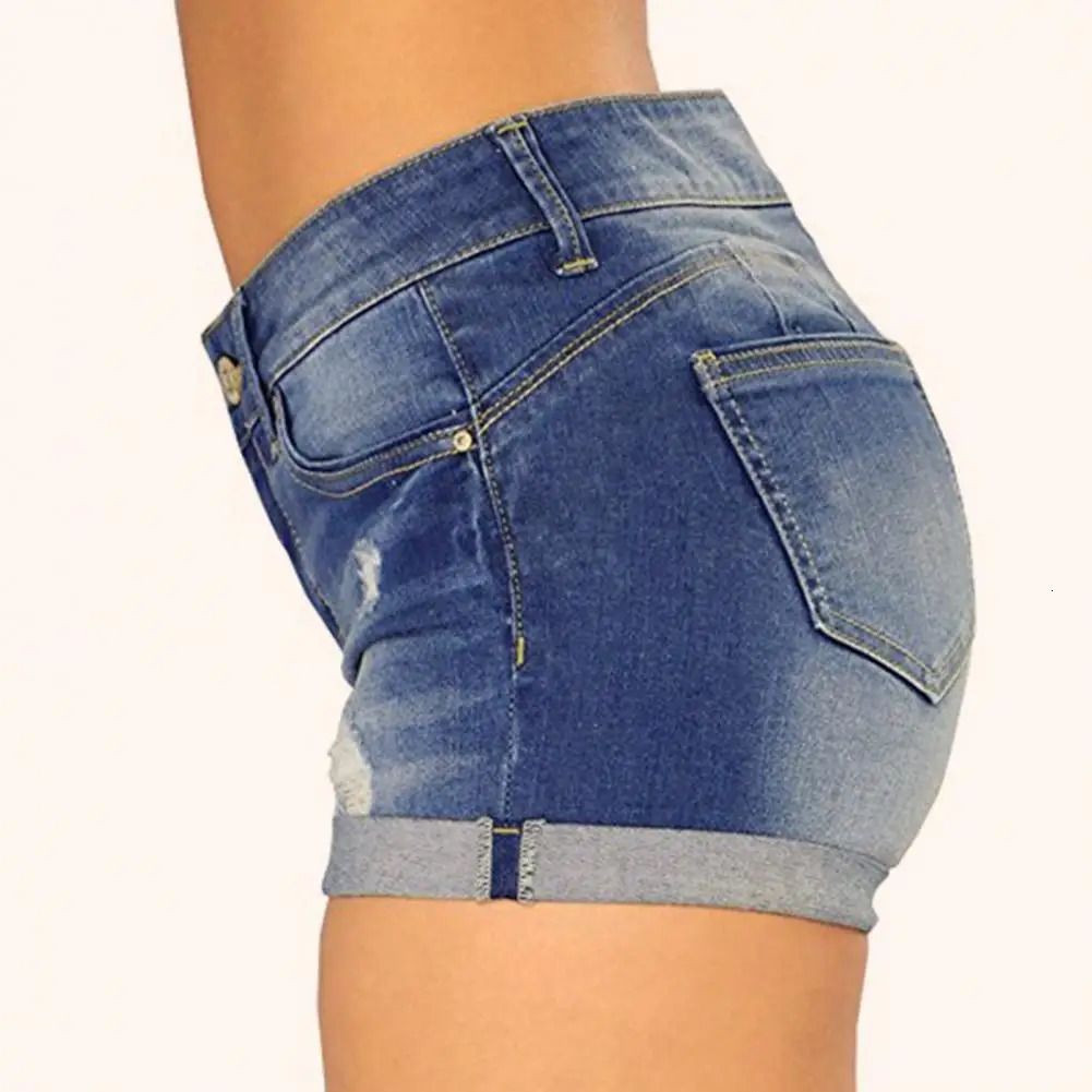 Denim Shorts Women Jeans Ripped Mid Waist Solid Color Soft Short Jeans Casual Slim Fit Shorts Summer 250227
