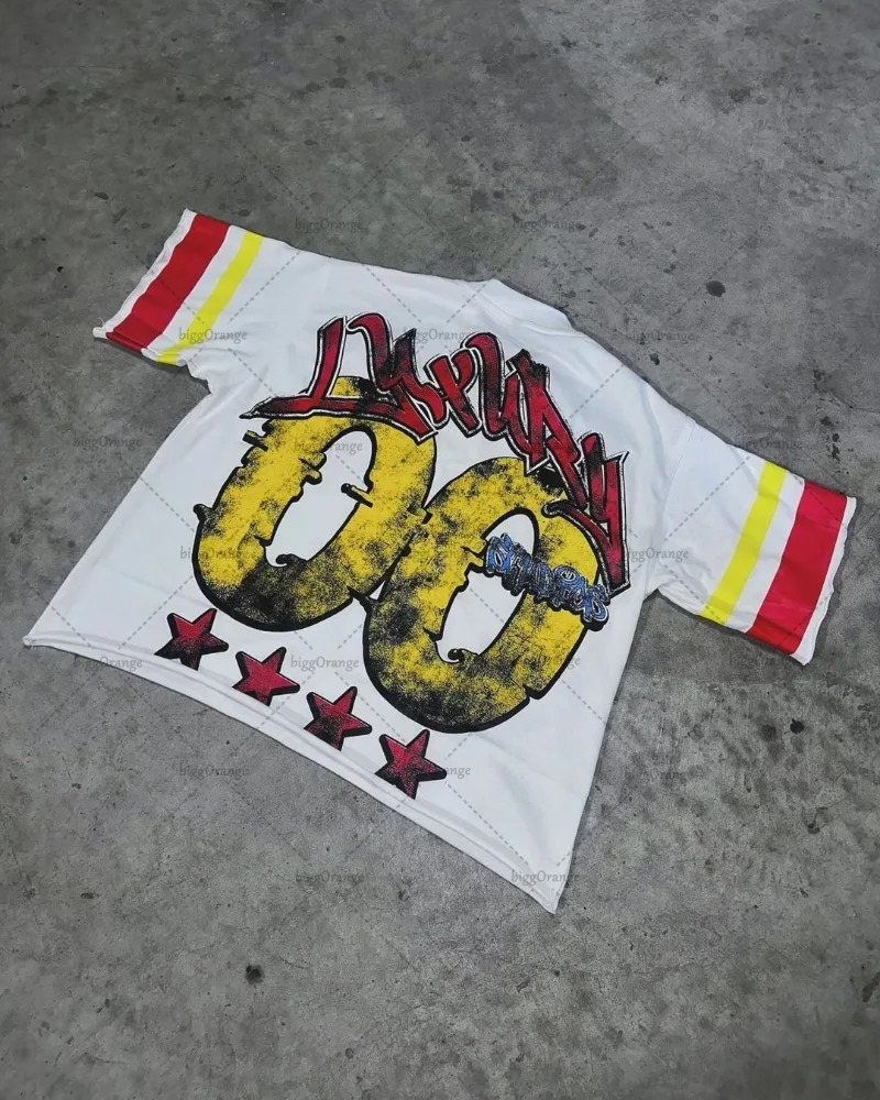 Y2K Harajuku Retro Striped Short-sleeved Street Hip-hop Punk Style Printed Oversized T-shirt Men Trendy Casual Cotton Top 250225