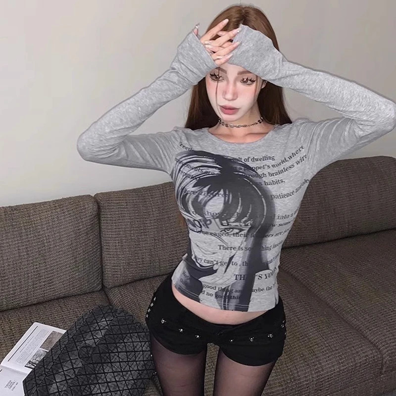 Vintage Women Y2K Clothes Tshirt Cotto Blouses Oneck Long Sleeve Tops Print Tunic Grunge Woman Clothing Fashion Casual Crop Top 250226