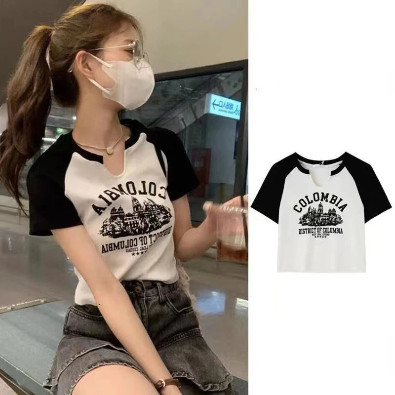 Casual O-neck Short Sleeve Letter Print T-shirt Summer Cute Female Tee Y2K Clothes Bodycon Tunics Crop Tops Fashion Tank Top 250227