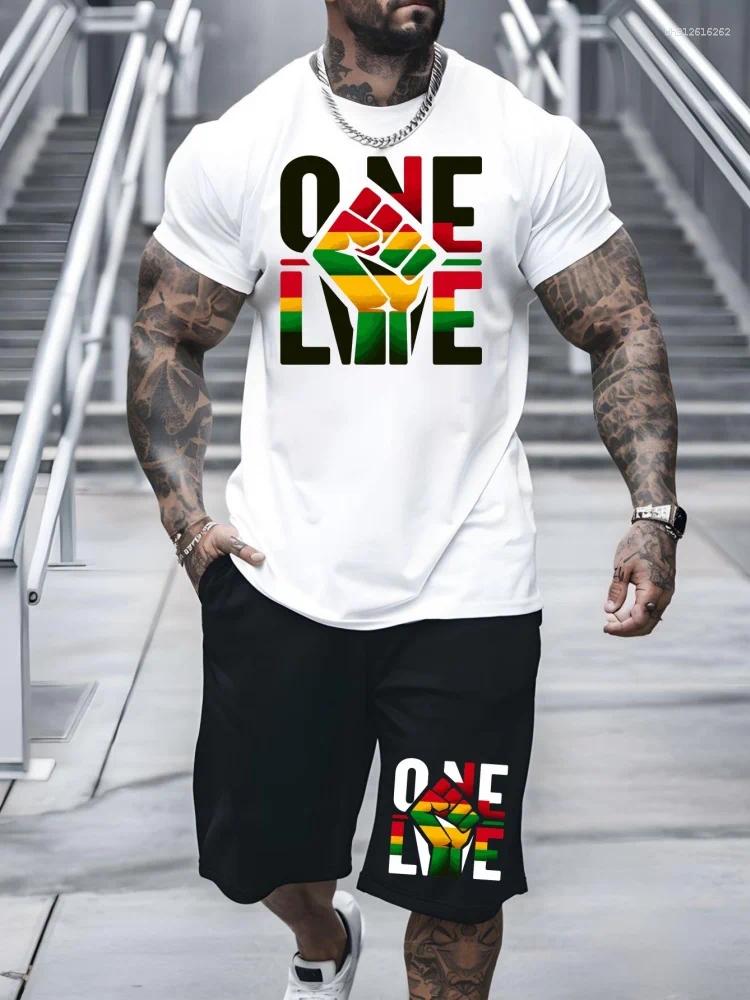 Men's Tracksuits Fist And Peace Print T-shirt Shorts Set Summer Casual Everyday Short Sleeve Top Urban Street Fashion