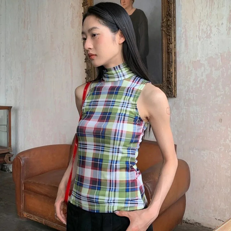 Genayooa Summer Vintage Tank Tops Women Plaid Sleeveless Crop Tops Y2k Retro Tank Tops Streetwear 2000s Japanese Tee Tops E-girl 250226
