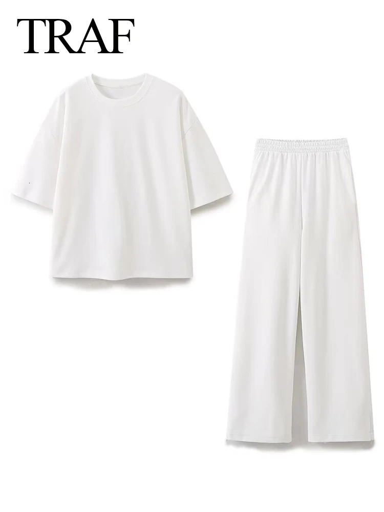 TRAF Womens Solid Casual T Shirts Pant Set Short Sleeves ONeck TShirt TopLaceup Loose Side Pockets Straight 250226