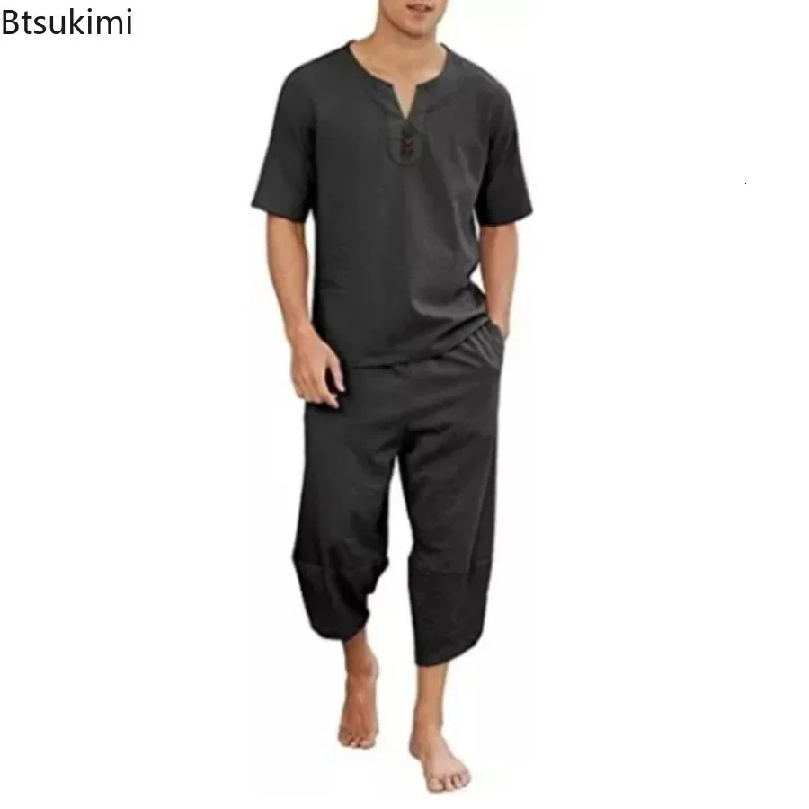 Mens Hip Hop Cotton Linen Sets Comfort Breathable Men Casual Sport 2 PCS Sets Fashion V-neck Short Sleeve TopsPants Suit 250222