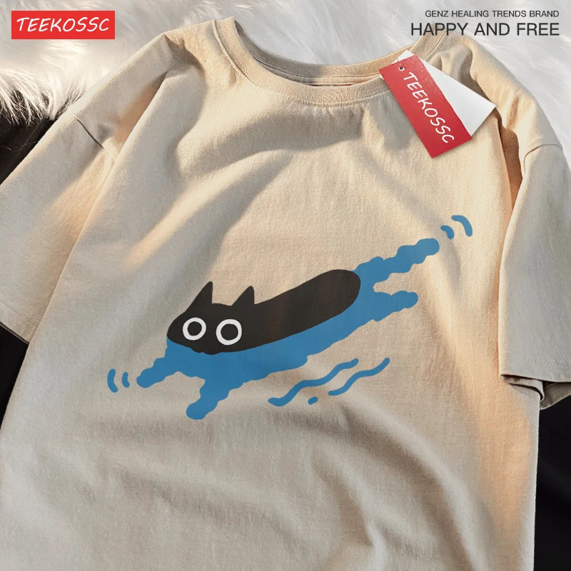 Couple Tees Swimming Black Cat Diving Shoulder Short Sleeved T-shirt For Men Women Breathable Casual Pure Cotton Loose Tops 250227