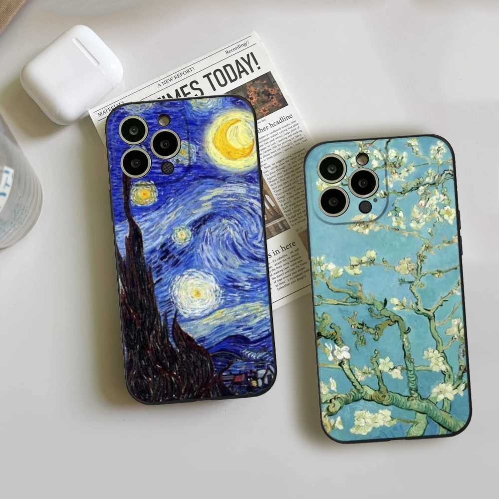 Van Gogh oil painting phone case iPhone 15 14 11 12 Pro 15 16 Plus 13 Pro MAX XR black soft cover Z250227