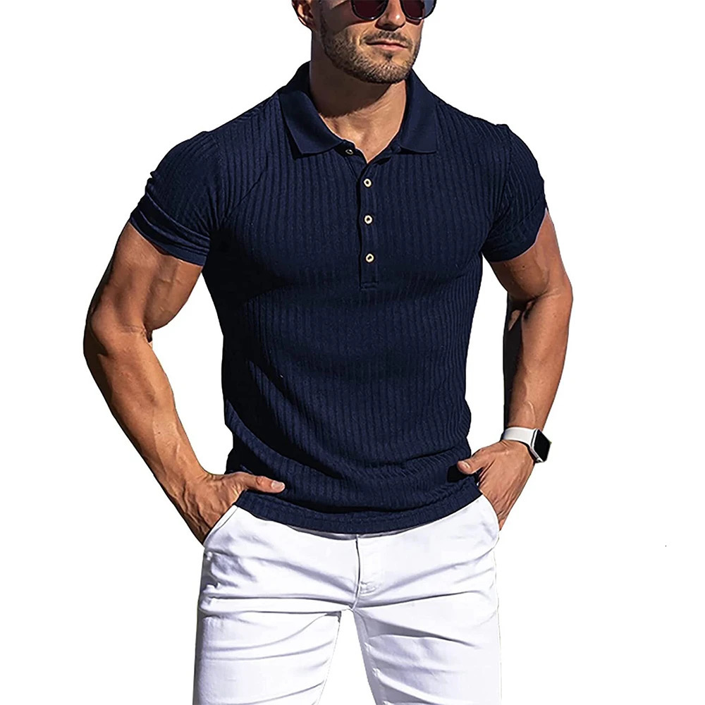 Summer Polo Men Solid Stripe Fitness Elasticity Short Sleeve Polo Shirts for Men Fashion Stand Collar Mens Shirts 250224