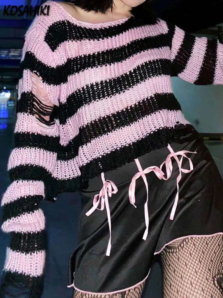 KOSAHIKI Striped Womens Crop Sweater Punk Streetwear Korean Style Hole Thin Knitted Gothic Long Sleeve Y2k Pullover 250225