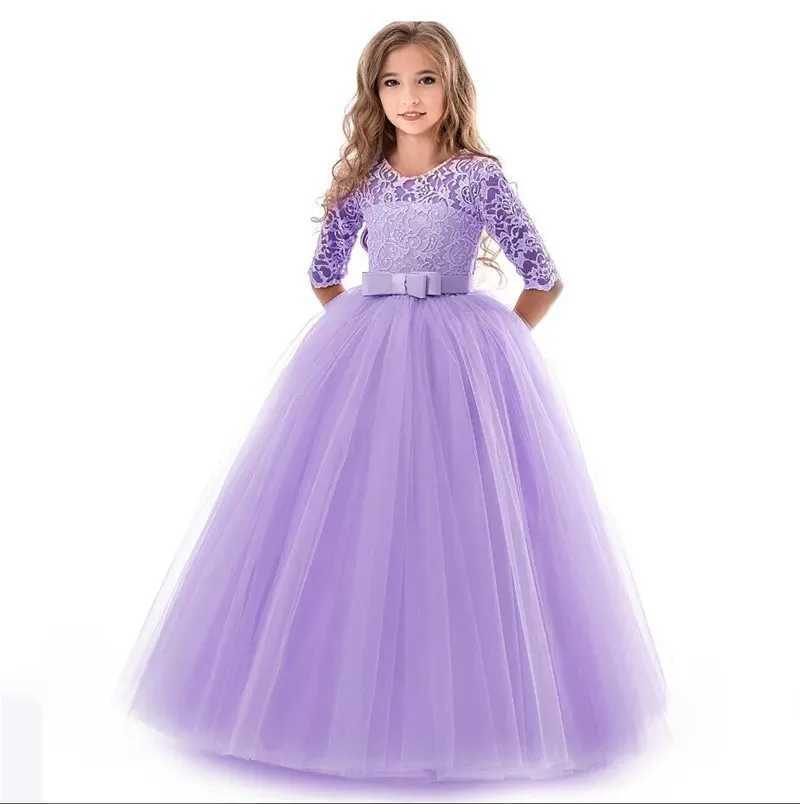 Girl's Dresses 2021 Summer Kids Girls Wedding Flower Girl Dress Long Sleeve Elegant Princess Party Pageant Formal Dress Tulle Lace Dress Y250227E