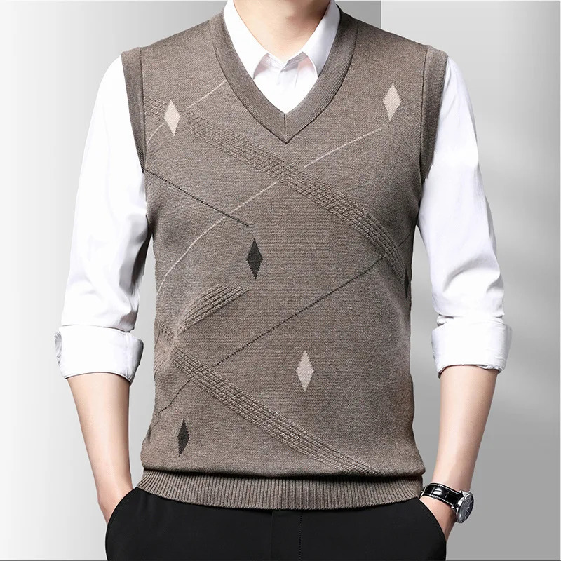 Mens Vest Knitted Vneck Young Business Sleeveless Jacquard Banquet Base Fashion 250225