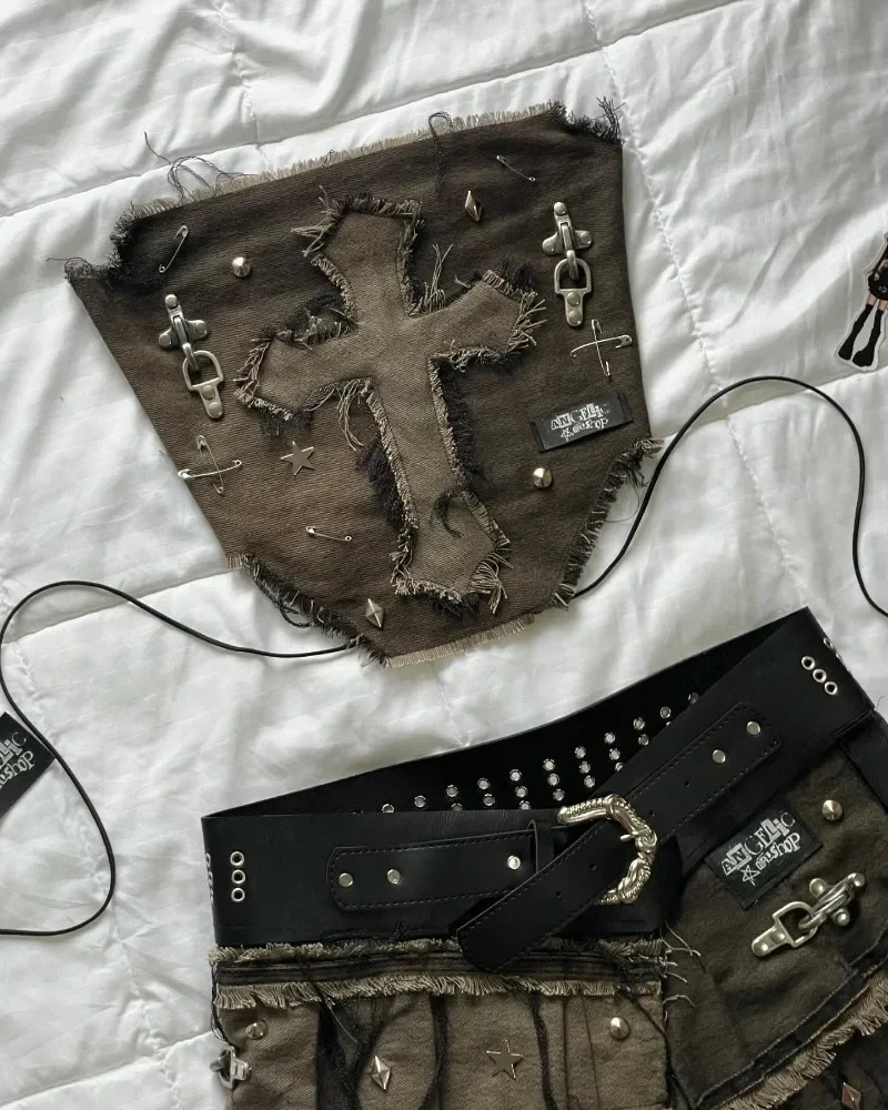 Y2K Denim Stitching and Washing To Make Old Two-piece Woharajuku Goth Long-sleeved Zipper Coat Mini Pleated Skirt Autumn Coat 250226