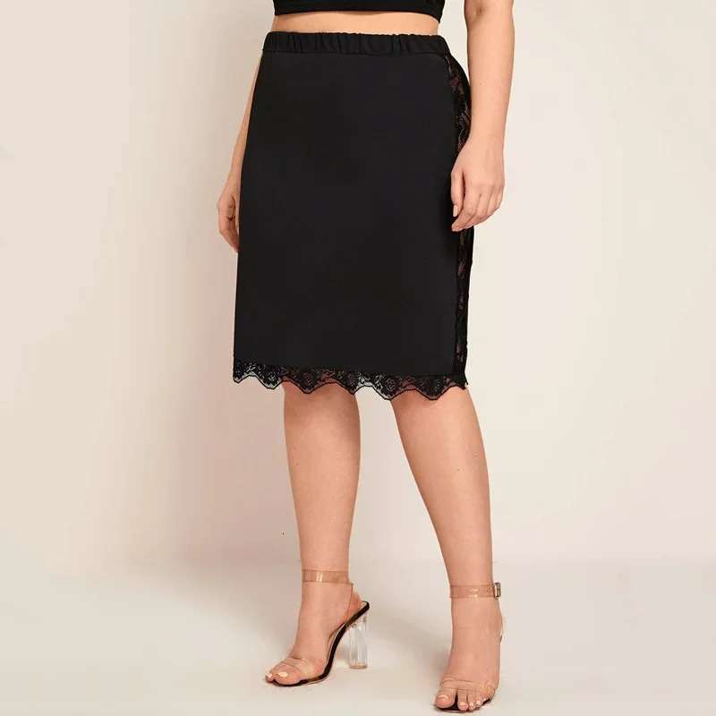 Plus Size Elastic Waist Sexy Summer Elegant Bodycon Skirt Women Lace Trim Black Business Casual Midi Skirt Work Office Skirt 6XL 250224