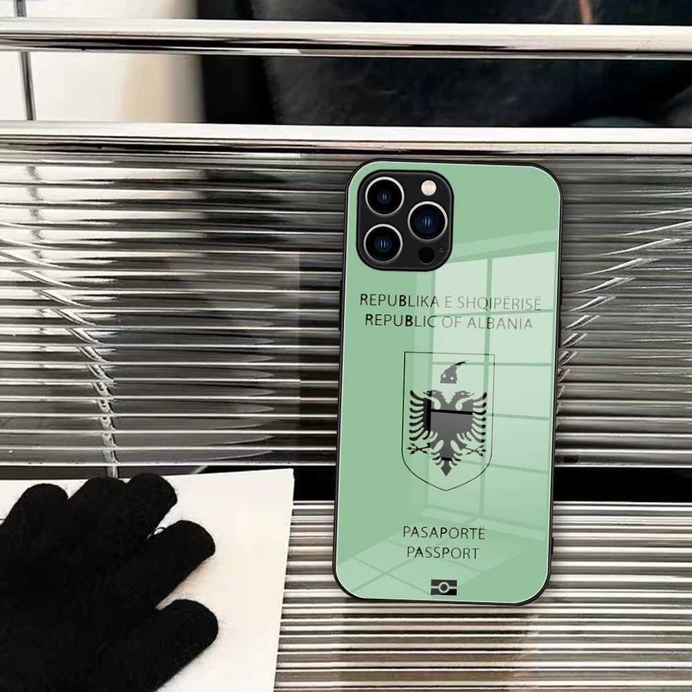 Albania Passport Phone Case Glass Shell FOR IPhone 14 11 12 8 7 15 Plus 13 Pro MAX XR XS MINI Covers Z250227