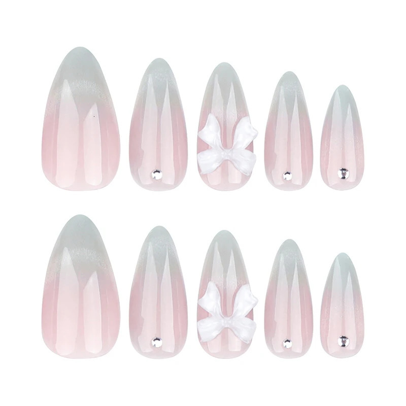 24pcs Sweet Cat Eye French Press on Nails DiamondPointed Three Dimensional Bow Knot Wearable Nail For Women Girl Almond 250217