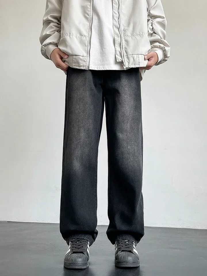 New 2025 Korean Style Mens Casual Long Jeans Classic Straight Denim Wide-Leg Pants Solid Colors Light Blue Grey Black up to 3XL X250227