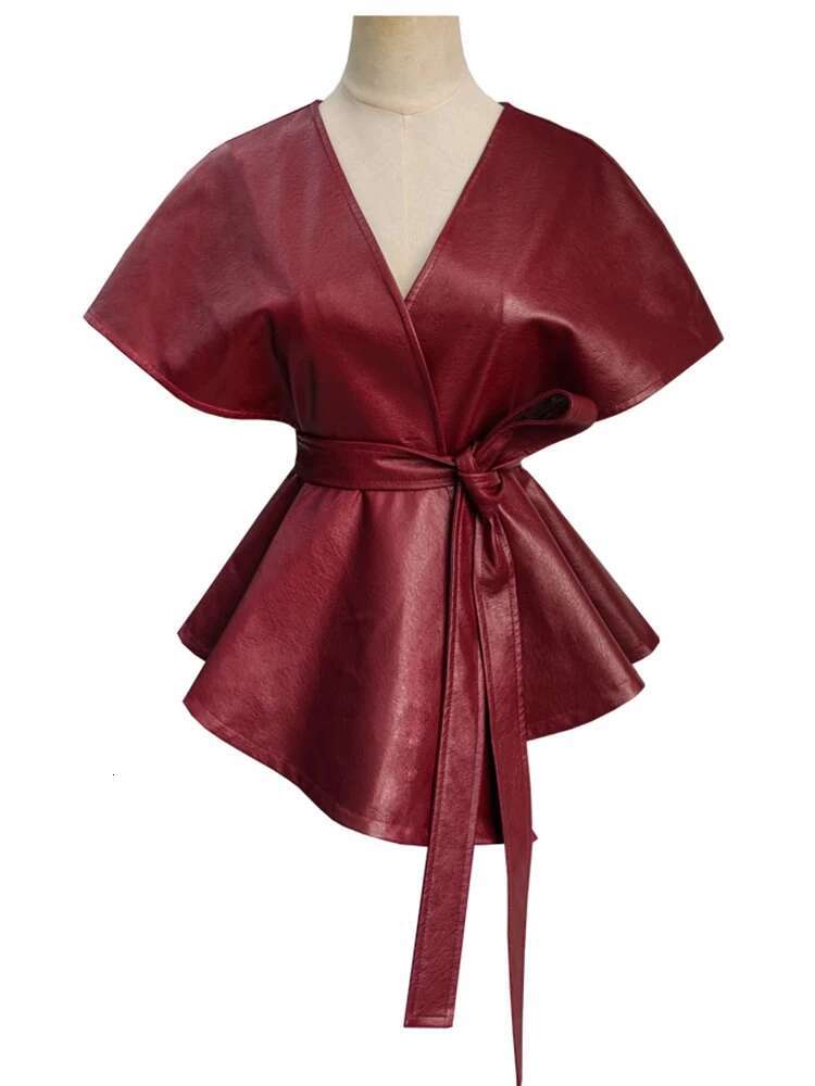 Lautaro Spring Designer Faux Leather Jacket Sashes Red Wine Cape Shawls For Women Gothic Cloak Runway Fashion 2022
