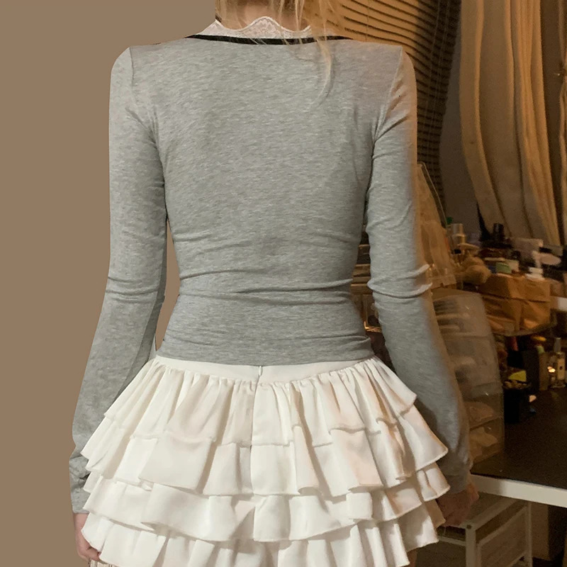 CIBBAR Lace Patchwork Square Collar Crop Top Contrast Bow Stitching Full Sleeve Tshirt y2k Aesthetic Korean Fashion Women Tees 250226