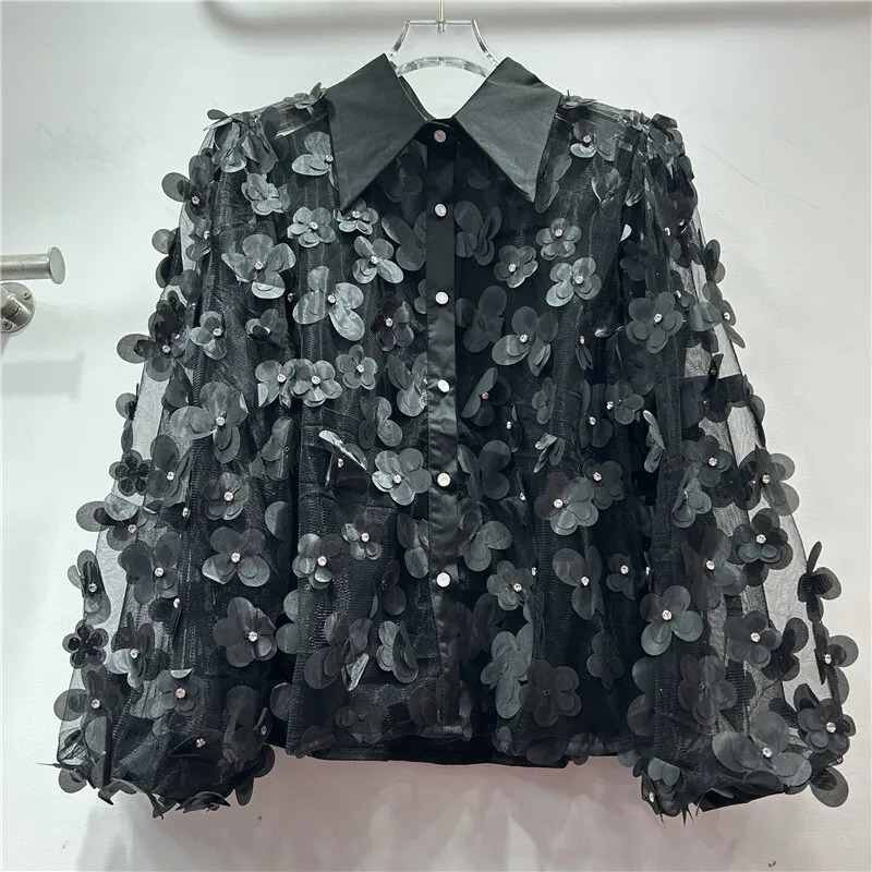 DEAT Women Shirt Loose Patchwork 3D Flowers Double Layer Perspective Mesh Single Breasted Blouse Spring 2025 Fashion 29L9414 250226