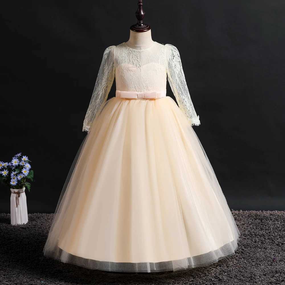 Girl's Dresses Spring New Ankle Length Lace Long Sleeve Ruffle Long Dress Piano Party Performance Costume Little Girl Princess Dress Y250227NC0S