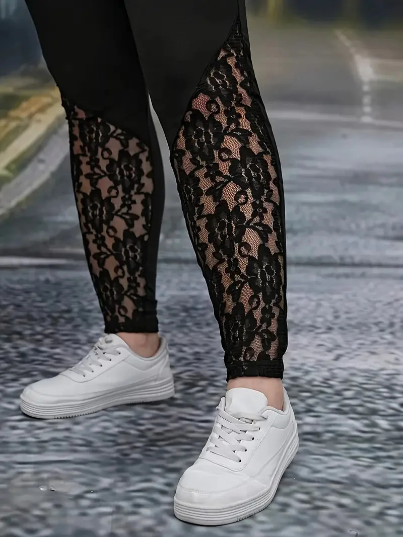 GIBSIE Plus Size Womens Fashion Contrast Lace Black Leggings Spring Fall High Waist Elastic Casual Skinny Leggings Female 250226