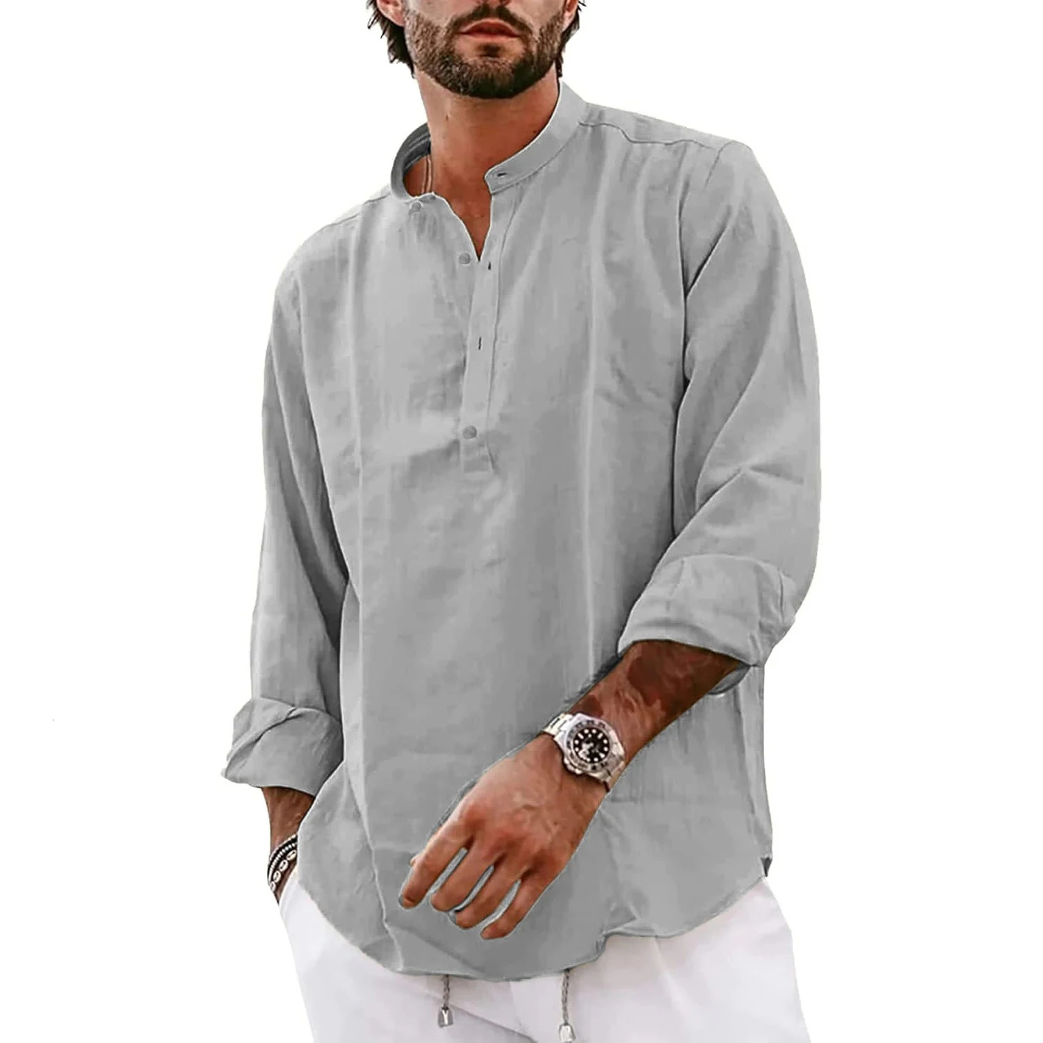 Mens Long Sleeve Cotton T-Shirts Lightweight Streetwear Henley Linen Shirts for Men Breathable Oversized Solid Color Tops 250224