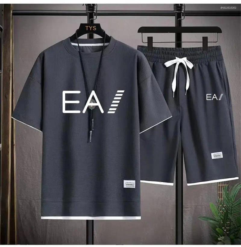 Men's Tracksuits Summer Breathable Waffle Set Crewneck Short Sleeve Track Shorts Two-piece Printed With Letters EA1
