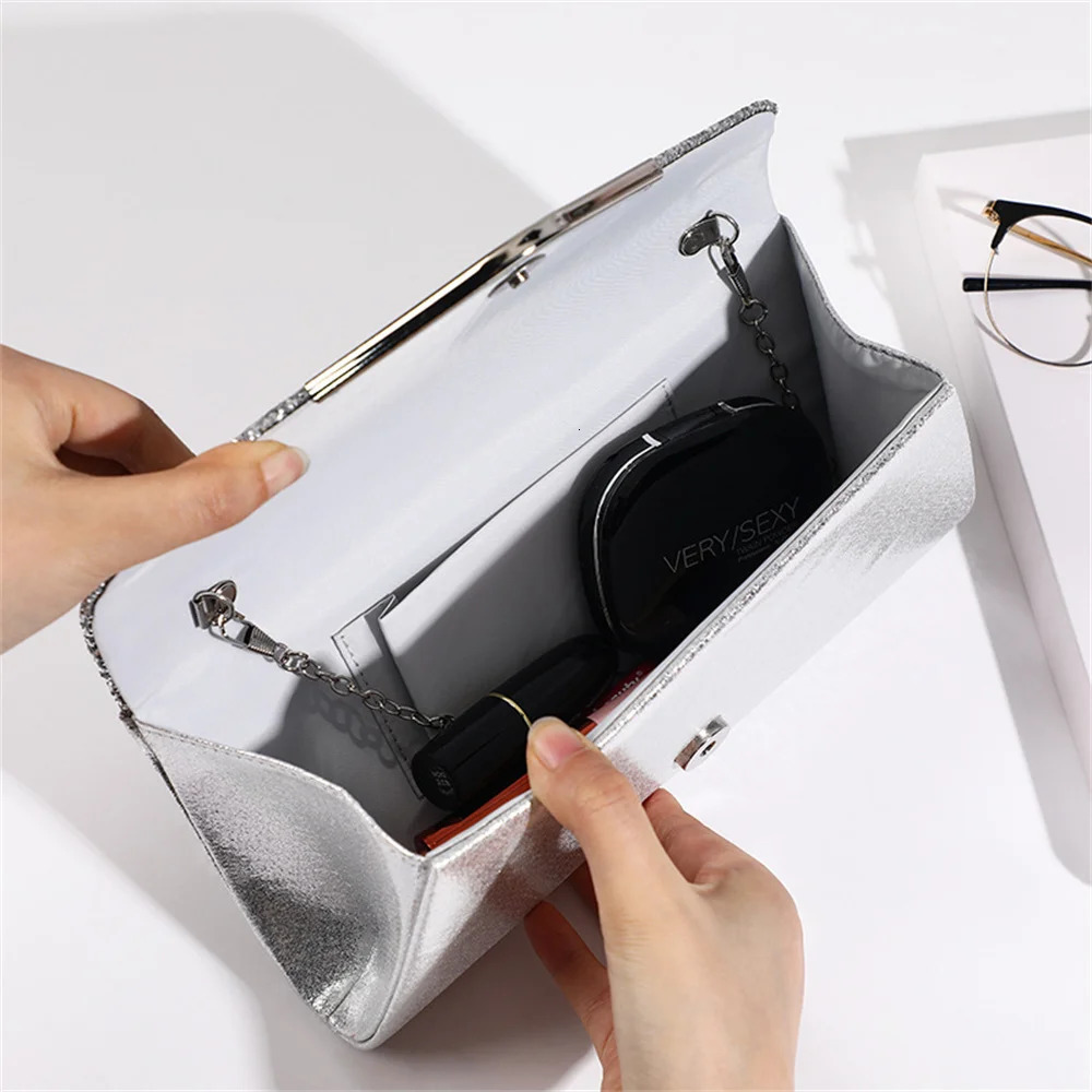 Women Envelope Evening Bag Shiny Silver Long Purse Glitter Ladies Chain Shoulder Bags Female Wedding Party Clutches Mini Handbag 250226