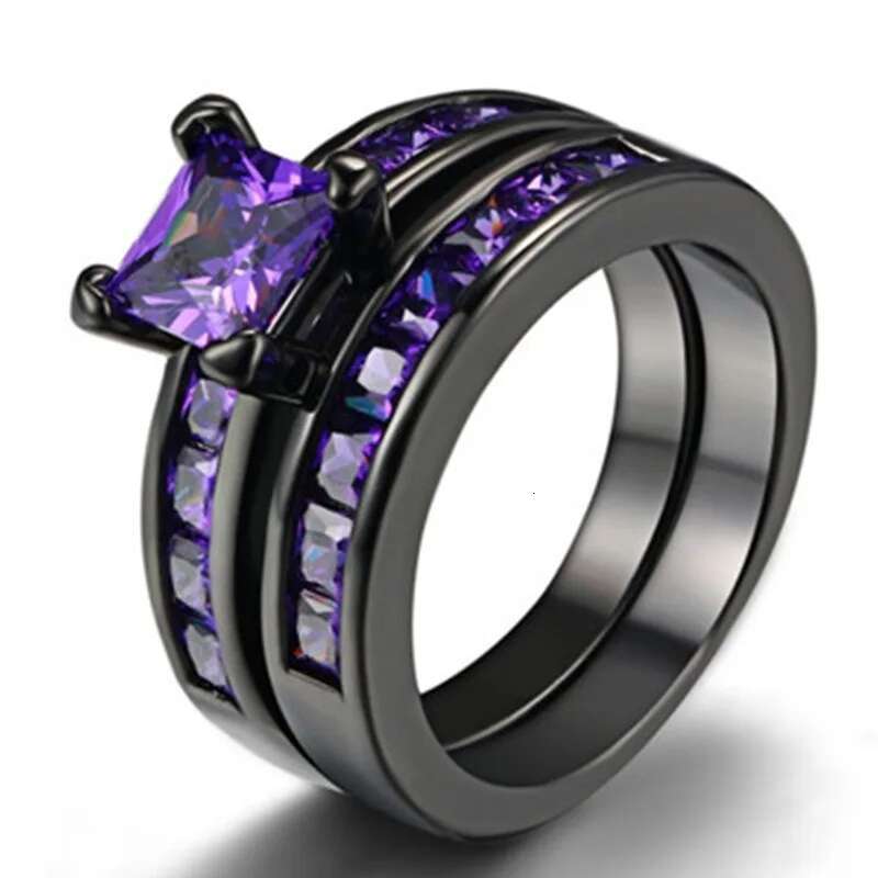 Princess Cut Lab Amethyst Ring Set 10KT Black Gold Engagement Wedding Band Rings for Women Men Promise Party Jewelry