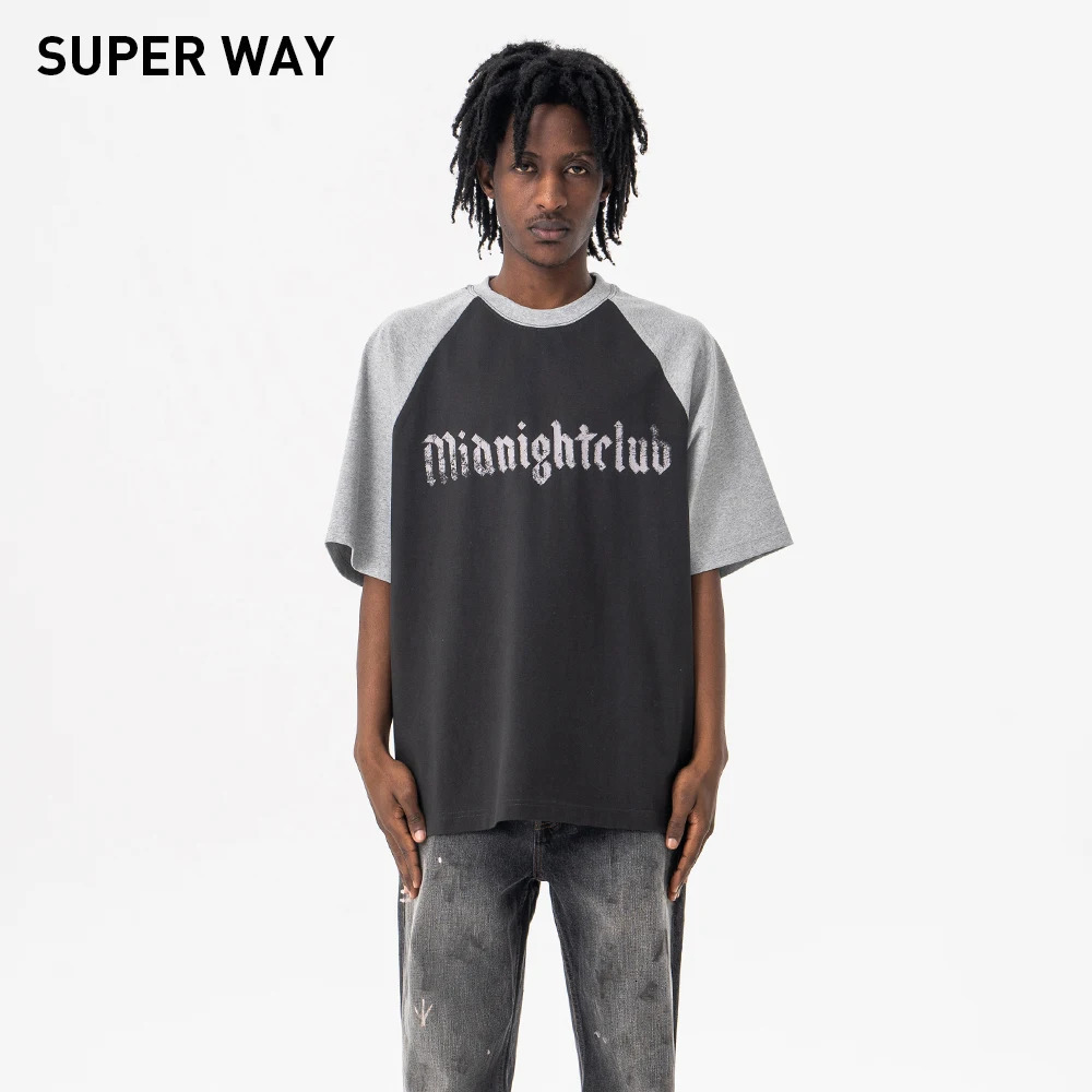 Superway Original Letter Printed T-Shirt Men Patchwork Cotton Short Sleeves Tees High Street Retro American Style Tops 250225