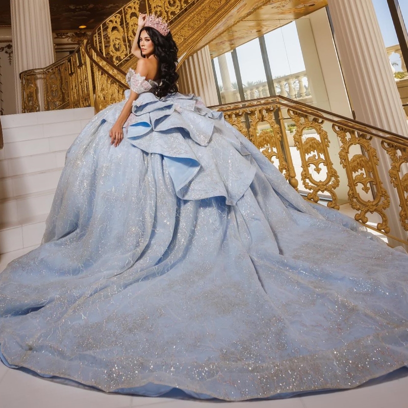 Sky Blue Shiny Quinceanera Dresses Ball Gown Off The Shoulder Applique Lace Beading Crystal Tull Party Birthday Sweet 16 Vestidos 15 Anos