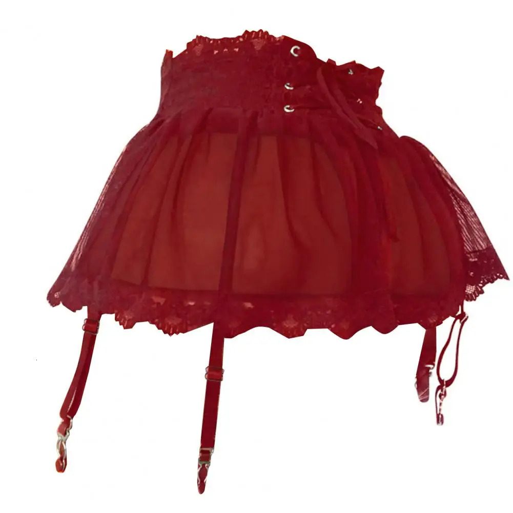 Womens Sexy Mesh Skirts Adjustable Garter Belt Skirt Four-breasted Bandage Perspective Lace Garter Skirt for Valentines day 250227