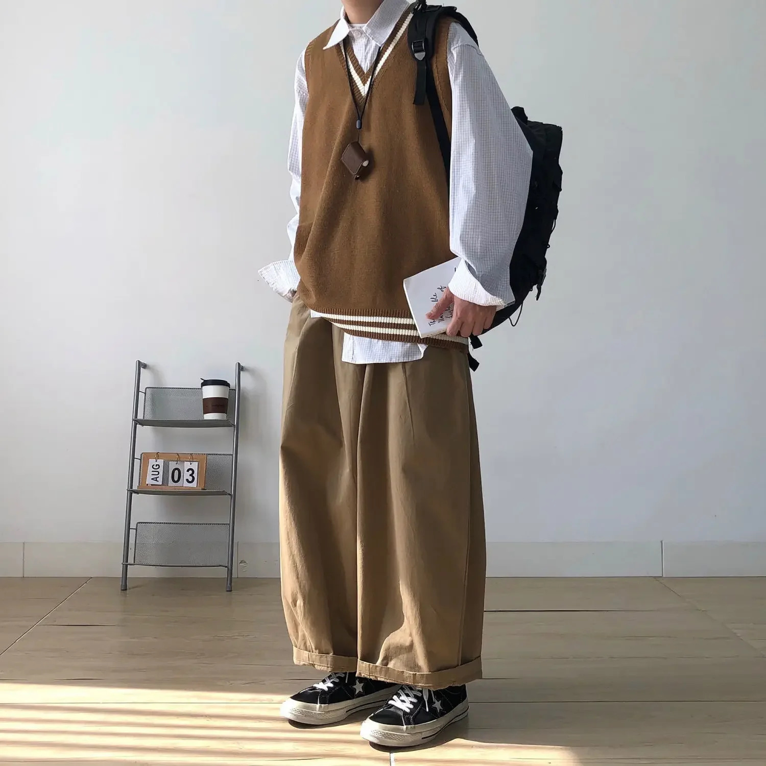 Sweater Vest Men Spring Vneck Japanese Vintage Striped College Knitted Fashion Loose Allmatch Sleeveless Simple Clothing B272 250225