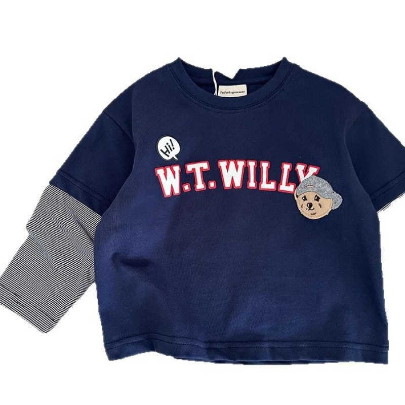 T-shirts Childrens fake two-piece T-shirt spring and autumn style small childrens clothing top cotton baby striped bottom shirt long sleeved boys styl