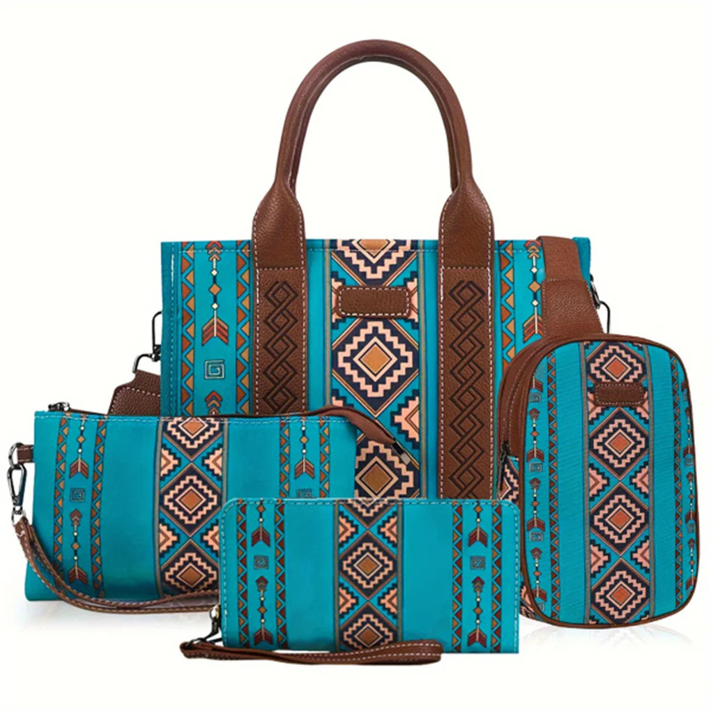 Ship from US 4PCSSET Womens Purse Tote Retro Work Satchel Lightweight Boho Shoulder Bag 250227FBB