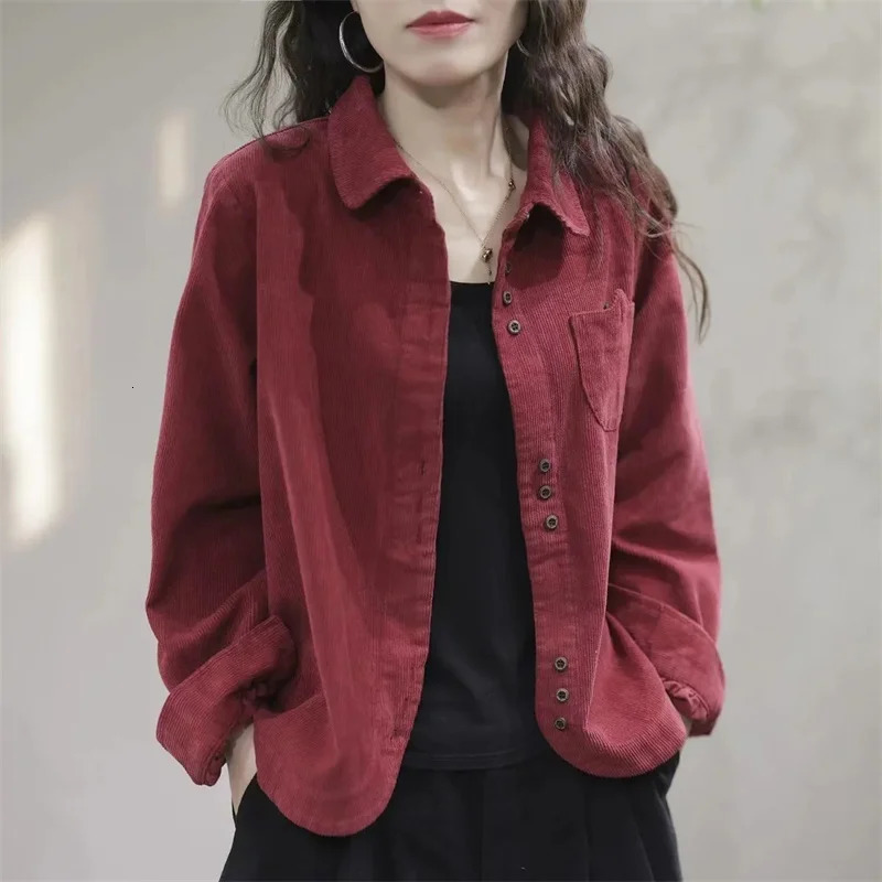 Women Lapel Collar Corduroy Shirt Coat Spring And Autumn Female Long Sleeved Cardigan Blouse Jacket Korean Ladies Blue Top 250227