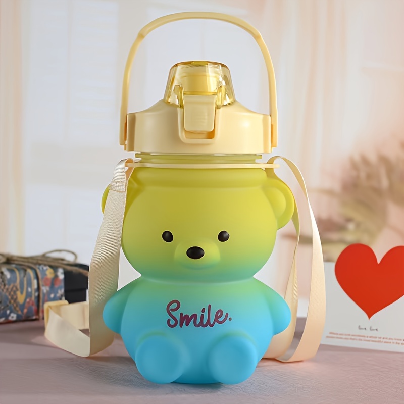 1000ml Flip Straw Adorable Bear Water Bottle for Kids Cute Teddy Bear Water Bottle with Strap