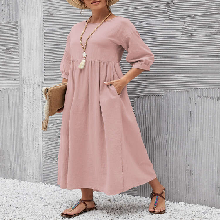 Women's European American Solid Color Lantern Sleeve Loose Cotton and Hemp Pocket Dress 2025 New Casual Fashion Trendy Clothing