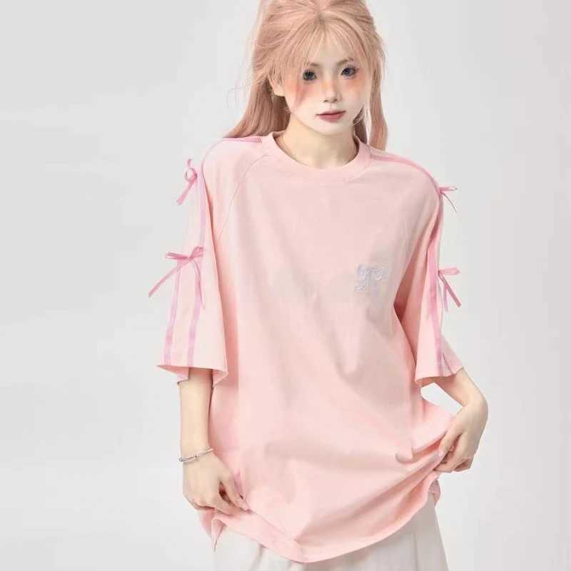 Korean style sweet bow loose womens short sleeved design T-shirt 2024 trendy high-end sweet and chic embroidered topT250320