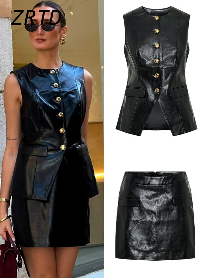 Vintage Leather Vest Mini Skirt Sets Women Slim O-neck Button Vests High Waist A-line Skirts 2025 Spring Lady Y2K Street Outfits 250226