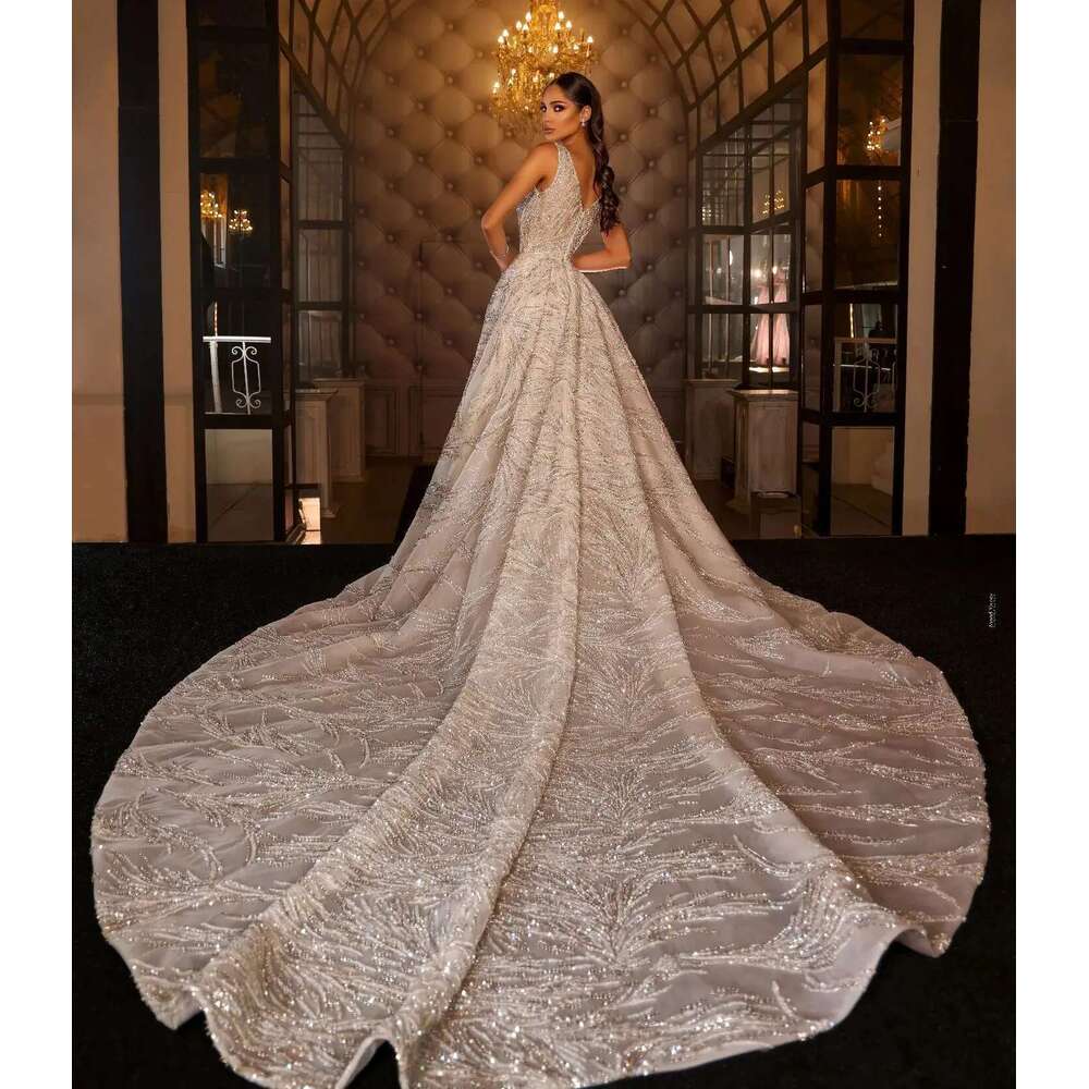 Glamorous A-e Wedding Dresses, Shiny Square Sequins, Backless Appliques, Sweep Train Bridal, Classic Custom Robe