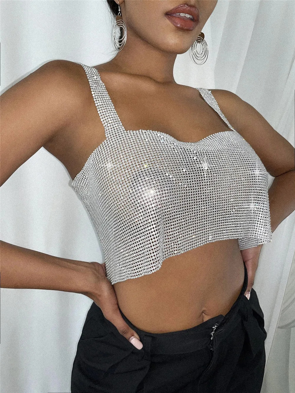 Sexy Club Metal Sequin Rhinestone diamond Tank Top For Women Beach Backless Rave Festival Camisole Nightclub performance 250226