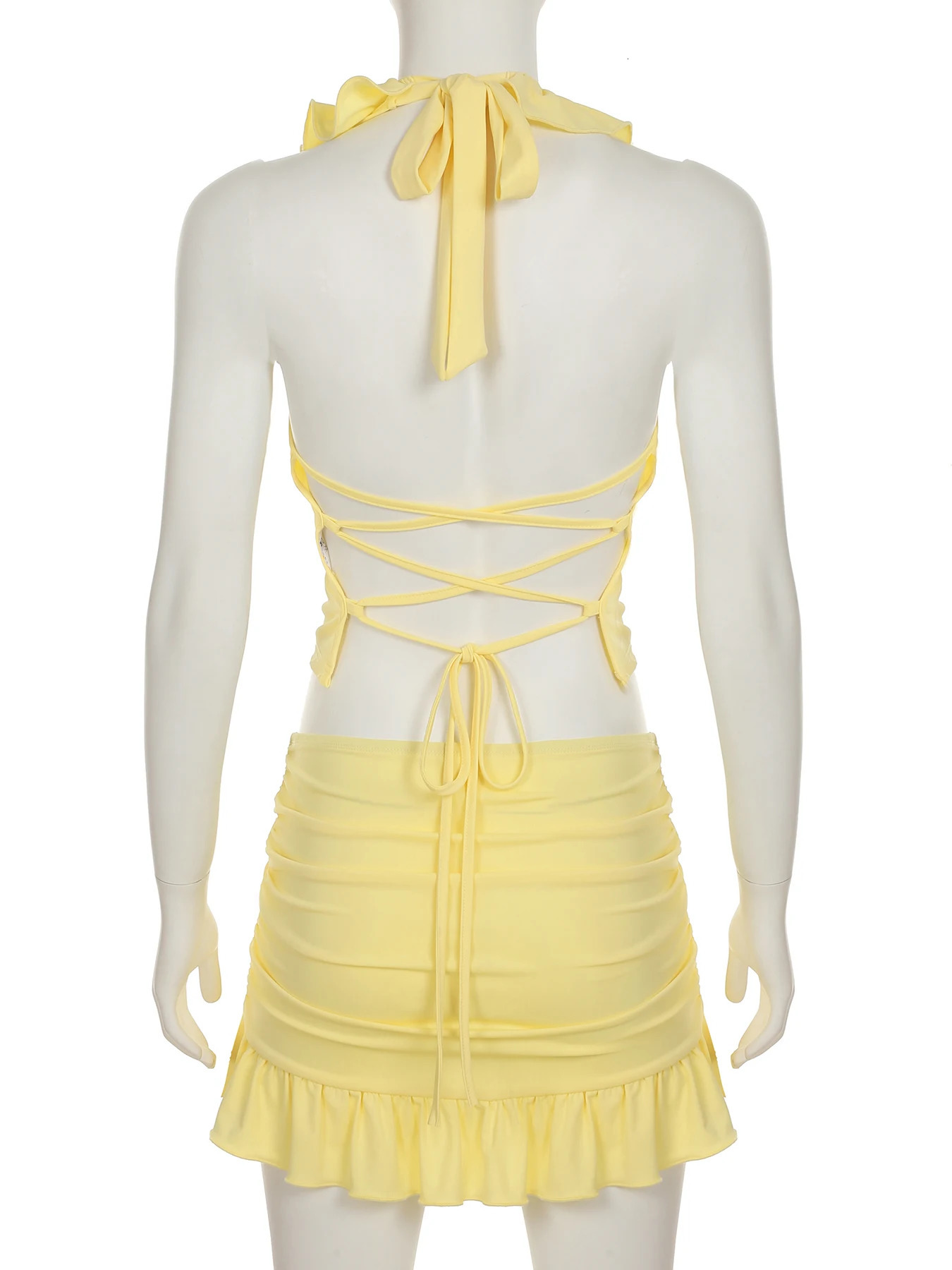 IAMSURE Holiday Riffles Dress Sets Beach Style 2 Piece Sets V-Neck Sleeveless Halter Tops Folds Mid-Waisted Mini Skirts Ladies 250227