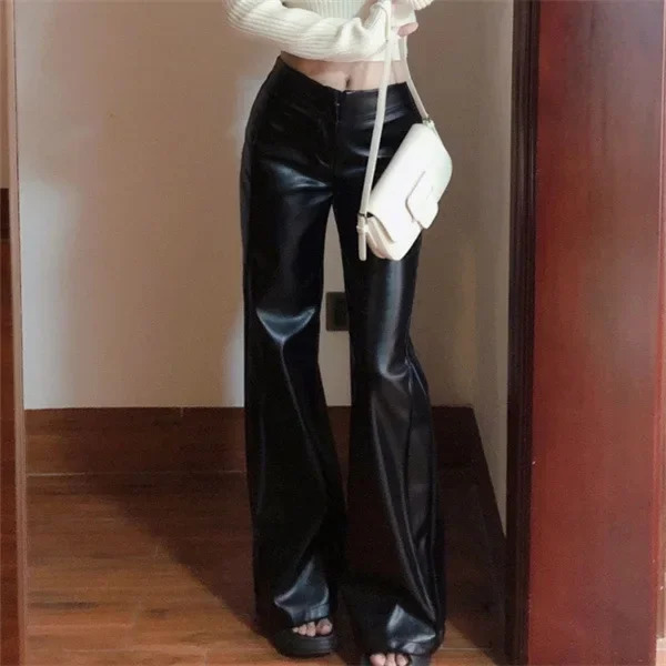 Black Pear-Shaped High-Waisted Plus-Size Wide-Leg PU Leather Pants Womens Bell-Bottom Pants Autumn Season 250226