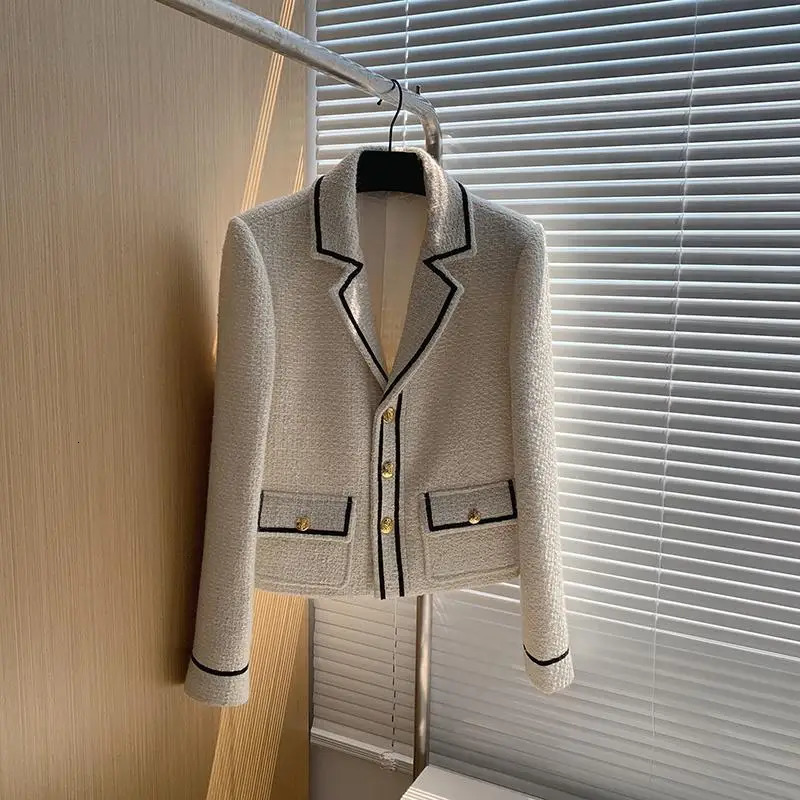 Women French Style y Contrast Color Chic Tweed Jacket Retro Single Breasted Outewear Female Elegant Long Sleeve Blazer Coat 250227