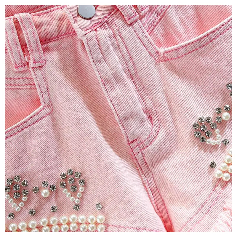 Pink Bead Diamond Irregular Burr Edge Wide Leg A-Word Denim Shorts Pants Womens Korean High Waist Jean Shorts Mujer 250226