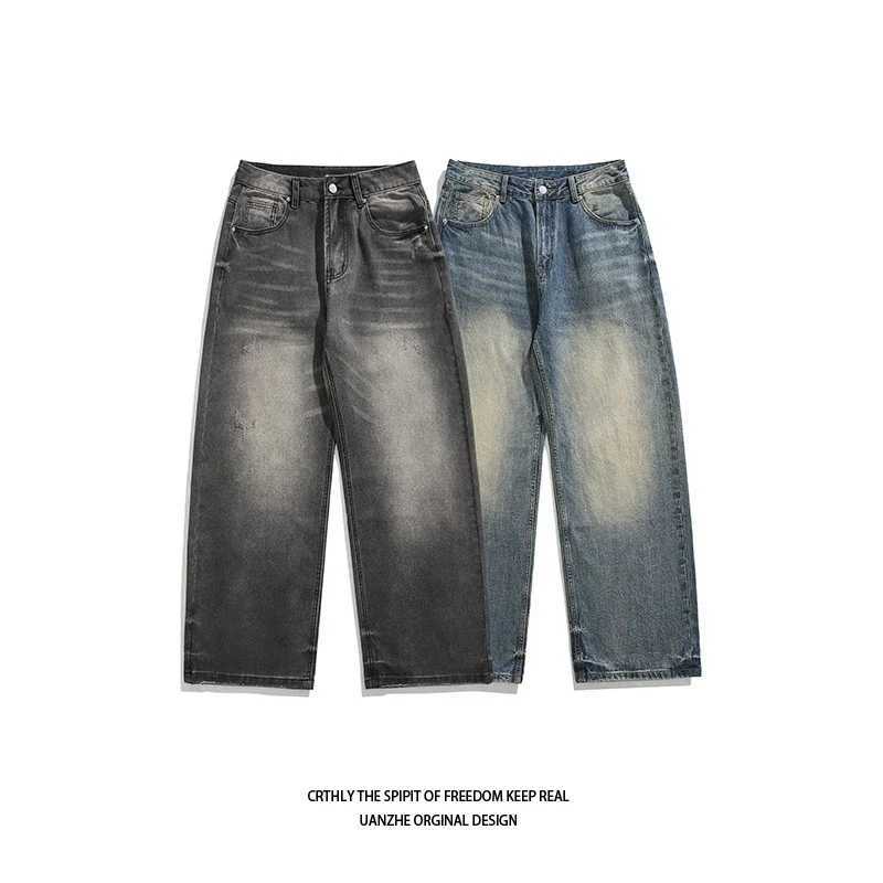 New Washed Jeans Street Trousers Male Denim Pants Solid Color Wide Leg Pant Button Casual Streetwear Hip Hop Heavy Metal Style X250227